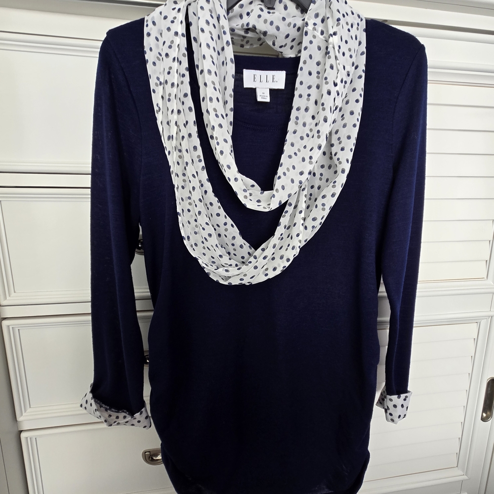 Elle Navy Blue Sweater with Polka Dot Scarf